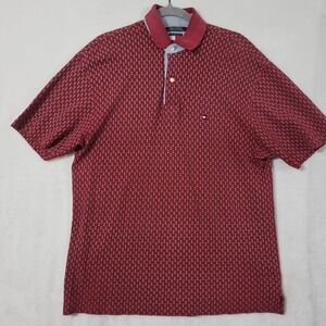 Tommy Hilfiger Polo Shirt Mens M Red Geometric Print Cotton Short Sleeve Casual